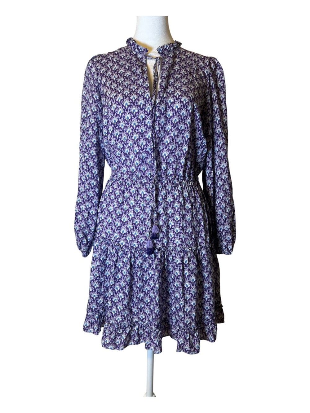 Printed Purple Tie-Neck Tiered Midi Dress